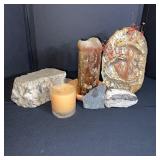 Fossil and Rock Collection with Petrified Wood and Candle