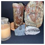 Fossil and Rock Collection with Petrified Wood and Candle
