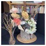 Artificial Floral Arrangements with Bark Base and Glass Vase