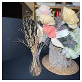 Artificial Floral Arrangements with Bark Base and Glass Vase