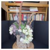 Artificial Floral Arrangements with Bark Base and Glass Vase