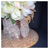 Artificial Floral Arrangements with Bark Base and Glass Vase