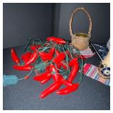 Decorative Pottery Collection with Chili Pepper String Lights and Tray