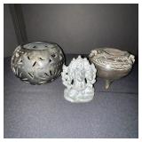 Collection of 3 Decorative Stoneware Items with Hindu Deity Figurine