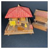 Set of 2 Vintage Wooden Spanish House Jewelry Boxes with Miniature Figures