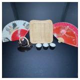 Asian-Inspired Tea Set with Teapot, 3 Cups, 2 Decorative Fans, and Wicker Tray