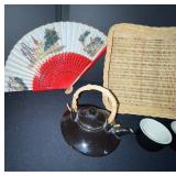 Asian-Inspired Tea Set with Teapot, 3 Cups, 2 Decorative Fans, and Wicker Tray