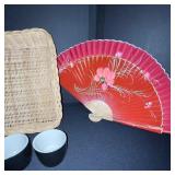 Asian-Inspired Tea Set with Teapot, 3 Cups, 2 Decorative Fans, and Wicker Tray