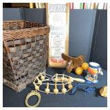 Vintage Collectibles Lot with Wicker Basket, Toys, and Decor Items