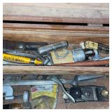Vintage Wooden Toolbox with Assorted Hand Tools and Planes