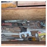 Vintage Wooden Toolbox with Assorted Hand Tools and Planes