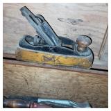 Vintage Wooden Toolbox with Assorted Hand Tools and Planes