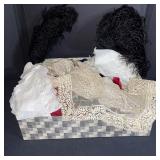 Collection of Vintage Lace Trims and Black Feather Plumes in Decorative Box