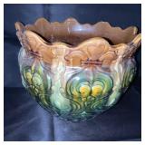 Vintage Glazed Ceramic Planter with Scalloped Rim and Ornate Design