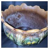 Vintage Glazed Ceramic Planter with Scalloped Rim and Ornate Design