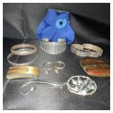 Vintage Jewelry and Accessory Collection with Blue Floral Coin Purse