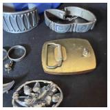 Vintage Jewelry and Accessory Collection with Blue Floral Coin Purse