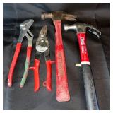 Lot of 4 Hand Tools: Hammers, Pliers, and Tin Snips