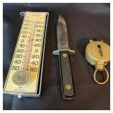Vintage Sunbeam Thermometer, Fixed-Blade Knife, and Engineer Compass Set