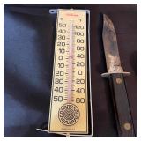 Vintage Sunbeam Thermometer, Fixed-Blade Knife, and Engineer Compass Set