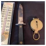 Vintage Sunbeam Thermometer, Fixed-Blade Knife, and Engineer Compass Set