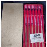 Set of 6 Mid-Century Modern Teak Handle Cocktail Forks in Box