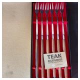 Set of 6 Mid-Century Modern Teak Handle Cocktail Forks in Box