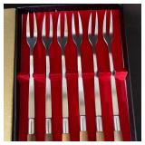 Set of 6 Mid-Century Modern Teak Handle Cocktail Forks in Box