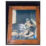 Vintage Framed Boy and Jug Print with Wood Frame, Calligraphy Art, and Carved Bookends Set