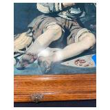 Vintage Framed Boy and Jug Print with Wood Frame, Calligraphy Art, and Carved Bookends Set