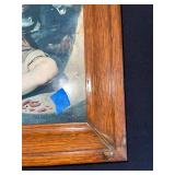 Vintage Framed Boy and Jug Print with Wood Frame, Calligraphy Art, and Carved Bookends Set