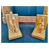 Vintage Framed Boy and Jug Print with Wood Frame, Calligraphy Art, and Carved Bookends Set