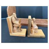 Vintage Framed Boy and Jug Print with Wood Frame, Calligraphy Art, and Carved Bookends Set