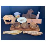 Eclectic Vintage Decorative Lot - Wood Carvings, Pottery, Ceramic Fish Dishes, and More