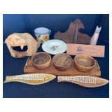 Eclectic Vintage Decorative Lot - Wood Carvings, Pottery, Ceramic Fish Dishes, and More