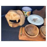 Eclectic Vintage Decorative Lot - Wood Carvings, Pottery, Ceramic Fish Dishes, and More