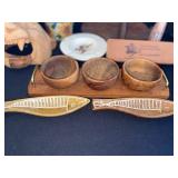 Eclectic Vintage Decorative Lot - Wood Carvings, Pottery, Ceramic Fish Dishes, and More