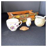 Vintage Decor Set with Painted Wood Tray, Porcelain Cup, Pitchers, and Figurine