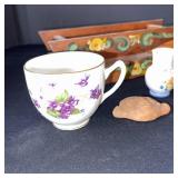 Vintage Decor Set with Painted Wood Tray, Porcelain Cup, Pitchers, and Figurine