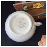 Vintage Decor Set with Painted Wood Tray, Porcelain Cup, Pitchers, and Figurine