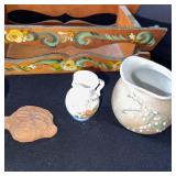 Vintage Decor Set with Painted Wood Tray, Porcelain Cup, Pitchers, and Figurine