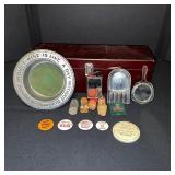 Vintage Collectibles Lot with Advertising Tokens, Wine Plate, Cork Stoppers, and Mirrors