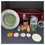 Vintage Collectibles Lot with Advertising Tokens, Wine Plate, Cork Stoppers, and Mirrors