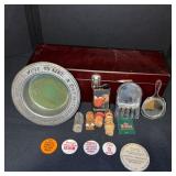 Vintage Collectibles Lot with Advertising Tokens, Wine Plate, Cork Stoppers, and Mirrors