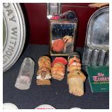 Vintage Collectibles Lot with Advertising Tokens, Wine Plate, Cork Stoppers, and Mirrors