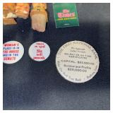 Vintage Collectibles Lot with Advertising Tokens, Wine Plate, Cork Stoppers, and Mirrors