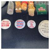 Vintage Collectibles Lot with Advertising Tokens, Wine Plate, Cork Stoppers, and Mirrors