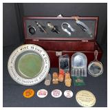 Vintage Collectibles Lot with Advertising Tokens, Wine Plate, Cork Stoppers, and Mirrors