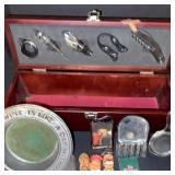Vintage Collectibles Lot with Advertising Tokens, Wine Plate, Cork Stoppers, and Mirrors