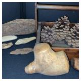 Collection of Driftwood and Pine Cones with Rustic Wooden Caddy